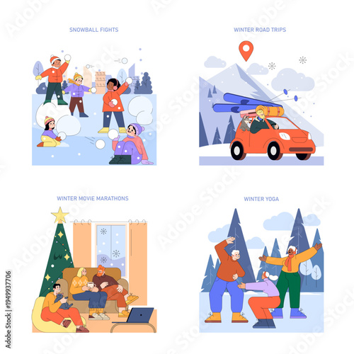 Winter Fun Activities Vector Illustration Set