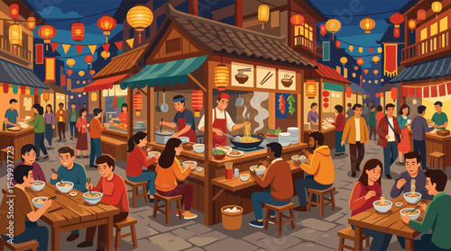 Illustration of a busy Asian night market where a diverse crowd gathers to eat noodles and street food under glowing red and yellow lanterns.