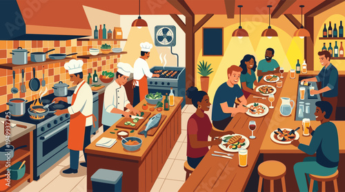 A lively illustration of a bustling restaurant with an open kitchen, where diverse chefs cook fresh food for happy customers dining and socializing at the warm, inviting bar.