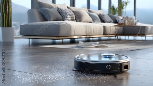 Smart robot vacuums sweep dust across polished floor