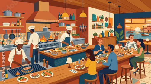 An illustration of a bustling seaside restaurant where diverse friends enjoy a seafood meal at a counter, watching chefs cook in the lively open kitchen.