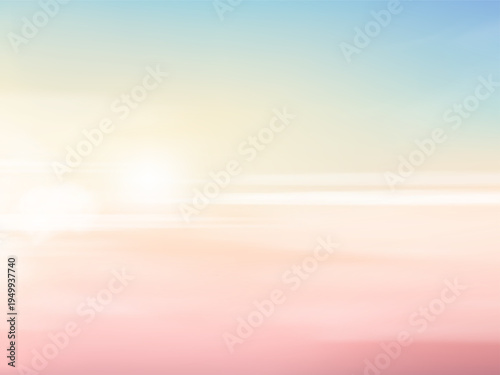 Sky sunset in evening,Sunrise Background in Autumn.Soft cloud on gradient clear pink, orange, blue over sea beach in Summer travel.Nature landscape background for horizon spring banner for Easter