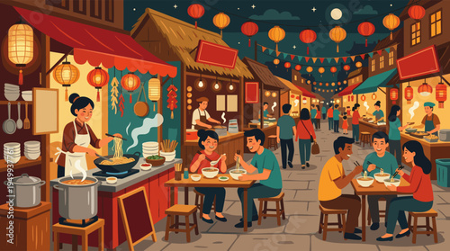 Vibrant illustration of a bustling Asian night market, where people enjoy eating street food and noodles under the warm glow of traditional red lanterns.