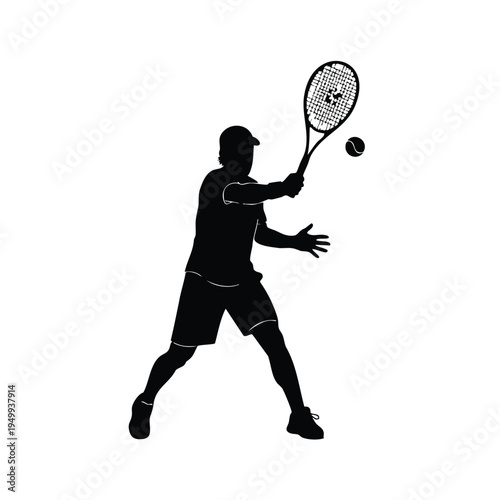 Tennis player silhouette swinging racket hitting ball in studio