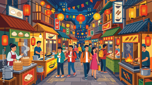 A vibrant illustration of a bustling Asian street food market at night, with a crowd of people eating and vendors cooking under glowing lanterns.