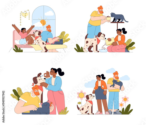 Happy Family with Pets Vector Illustration