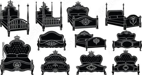 Luxurious royal bed silhouettes collection featuring ornate headboards, decorative crowns, tufted upholstery, and regal furniture designs in black vector style for interior decor inspiration.
