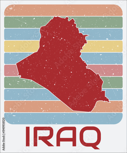 Iraq vintage logo. Shape of the country on retro colored stripes background. Iraq map design with grunge scratch texture. Vector illustration.