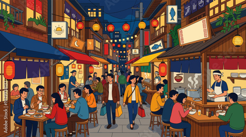 Vibrant illustration of a bustling Japanese night market with crowds of people eating at food stalls under glowing red lanterns.
