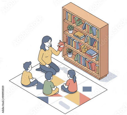 Engaging early childhood education moment with a teacher using a fox puppet to tell stories to attentive children in a cozy classroom setting with bookshelves, fostering imagination and literacy