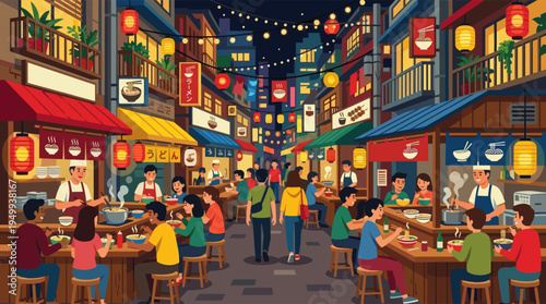 A vibrant illustration of a bustling Japanese food market at night, with a diverse crowd eating ramen and noodles under glowing paper lanterns.