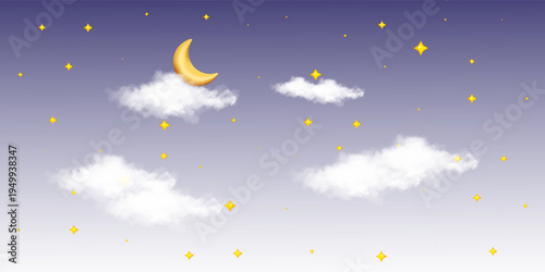 Moon and month in fluffy clouds on a seamless pattern. Watercolor illustration in digital style. Cute golden stars and white cozy clouds isolated on background. Horizontal children's border
