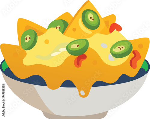 Bowl of cheesy nachos with jalapenos and salsa Keywords: nachos, tortilla chips, cheese, melted
