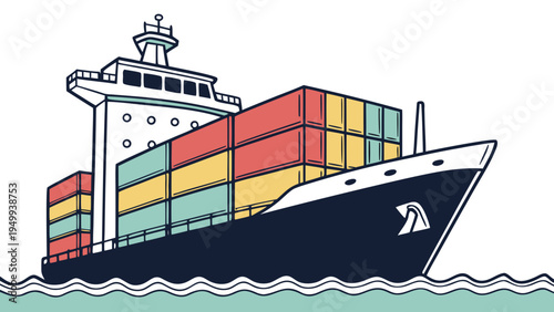 A colorful cargo ship sailing through calm waters with a large stack of shipping containers on board