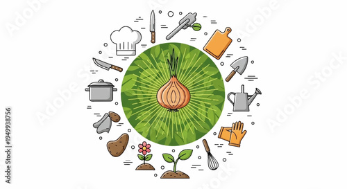 Onion surrounded by gardening and cooking tools in a circular pattern on white background