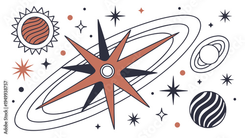 A minimalist vector illustration of a star and planets in a stylized solar system design