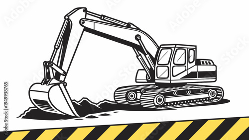 A black and white vector illustration of an excavator digging into the ground with a yellow and black striped caution line in the foreground.