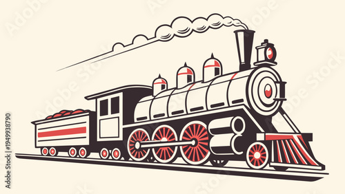 A vintage steam train illustration with a red and white color scheme, emitting smoke from its chimney.