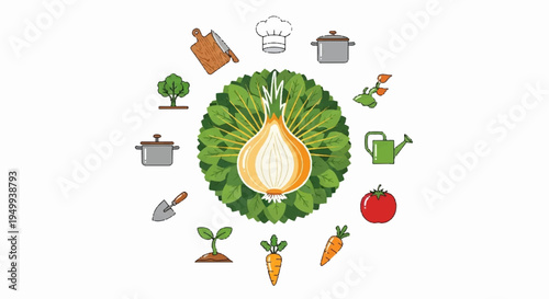 Vegetable garden icons with leafy greens carrots tomato and kitchen utensils for healthy eating and cooking