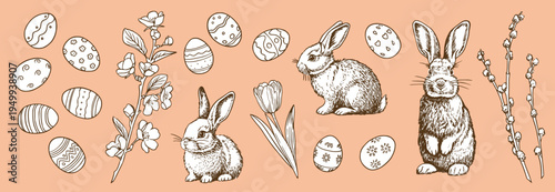 Easter hand drawn set with white bunny, spring flowers and eggs. Vintage engraved drawings collection.