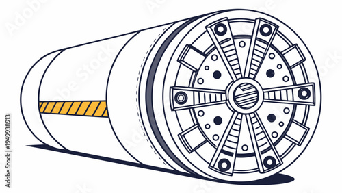 A vector graphic illustration of a tunnel boring machine with a circular cutting wheel and yellow safety stripe