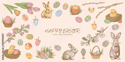 Happy Easter vintage greeting card. Retro sketch vector illustration with spring flowers, bunny, eggs and chicks