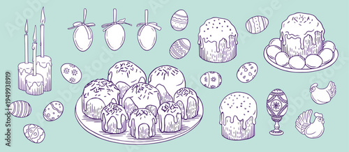 White vintage elements set with traditional food. Easter gifts, cakes, eggs, chickens, cookies and candles.