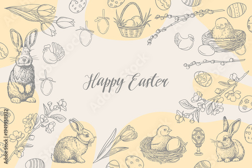 Happy Easter vintage greeting card. Retro sketch vector illustration with spring flowers, bunny, eggs and chicks