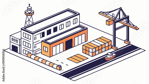 A vibrant illustration of a modern shipping and logistics facility with a warehouse, crane, and cargo containers.