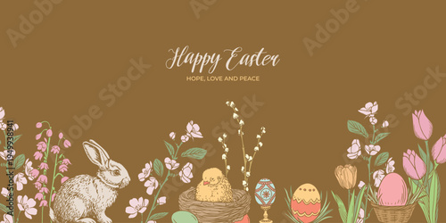 Happy Easter vintage border for greeting card or invitations design. Retro sketch vector illustration with spring flowers, bunny, eggs and chicks