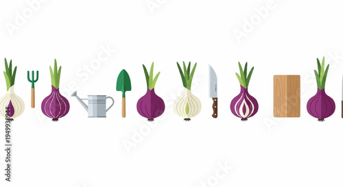 Onions gardening tools and kitchen utensils for cooking and gardening preparation