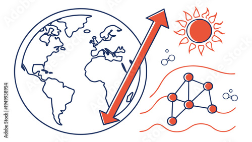 A vector graphic illustration of global warming and climate change with a globe, sun, and molecular structure