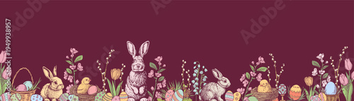 Easter vintage border for greeting card or invitations design. Retro sketch vector illustration with spring flowers, bunny, eggs and chicks