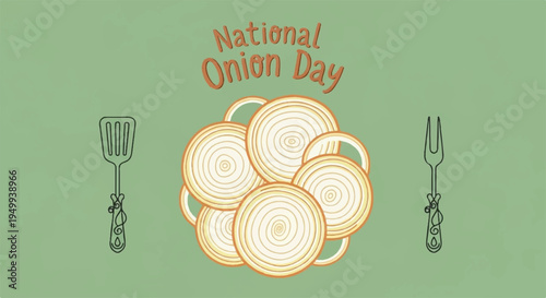 National onion day graphic with sliced onions and kitchen utensils on green background
