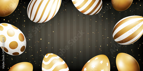 Easter elegant black background with golden eggs. 3d holiday backdrop template with empty space