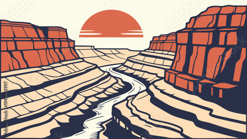A vibrant vector illustration of a canyon with a river at sunset