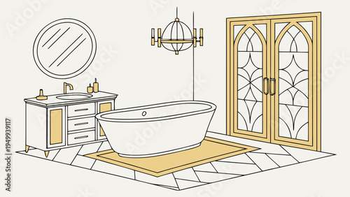A minimalist vector illustration of a modern bathroom with a freestanding tub, sink, and decorative doors.