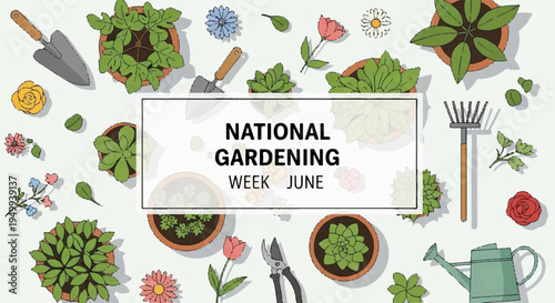 National gardening week in june illustration with gardening tools and plants