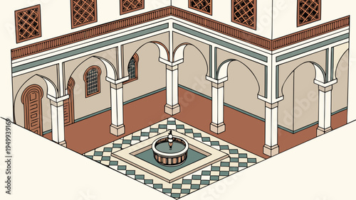 A vector graphic illustration of a serene courtyard with a fountain and arches