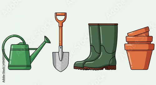 Gardening tools and supplies including watering can shovel boots and pots for planting and maintenance in a garden or yard with green and orange colors