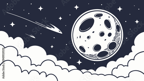 A minimalist vector illustration of a moon and shooting stars in a night sky with clouds