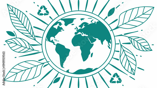 A green vector graphic illustration of the Earth surrounded by leaves and recycling symbols, representing environmental conservation and sustainability.