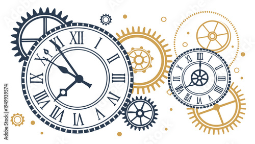 A vector graphic illustration of clock faces and gears in a minimalist design