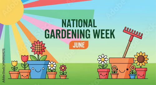 National gardening week illustration with colorful flowers pots and gardening tools on green lawn