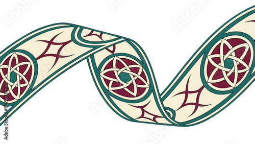 A Celtic knotwork ribbon design with intricate patterns and swirling shapes