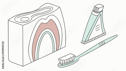 A minimalist vector illustration of a toothbrush, toothpaste, and tissue box for oral hygiene