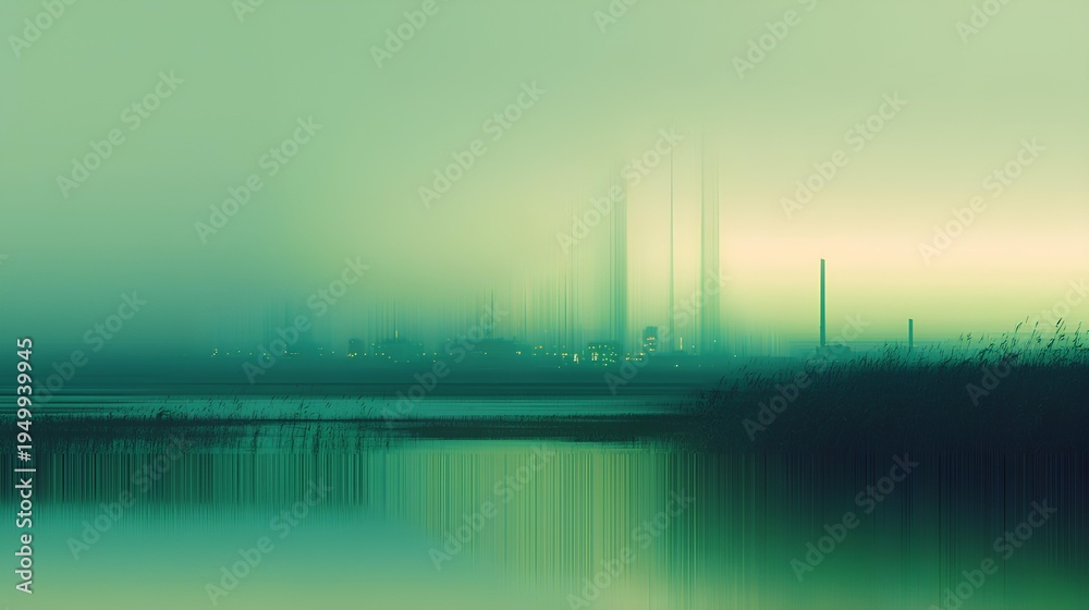 Fototapeta premium Industrial Abstract in Verdant Hues: A contemplative abstract showcases the silhouette of an industrial landscape mirrored in serene water, draped in tranquil green tones.