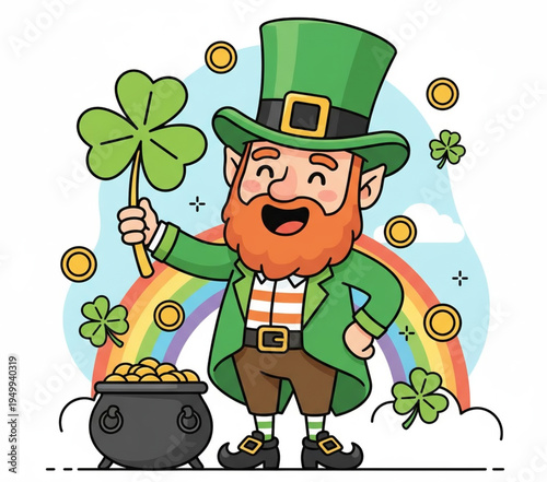 Cheerful cartoon character celebrating good fortune and Irish folklore with a lucky clover, a pot of gold, and a vibrant rainbow