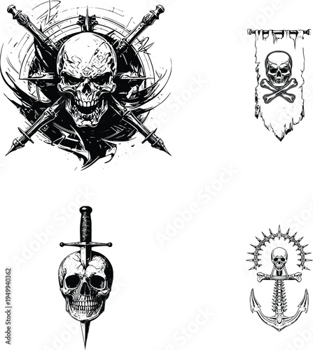 skull and crossbone tattoo designs with swords and anchors