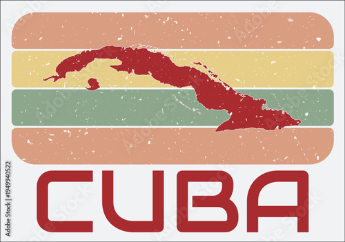 Cuba vintage logo. Shape of the country on retro colored stripes background. Cuba map design with grunge scratch texture. Vector illustration.